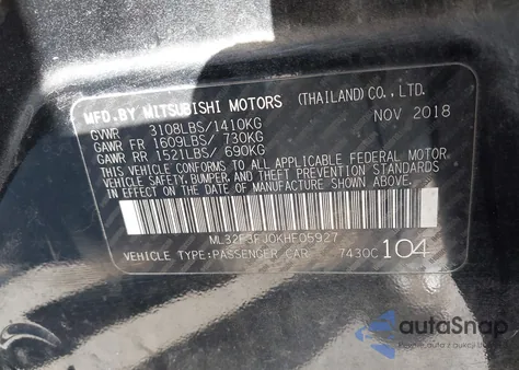 2019 Mitsubishi Mirage G4 Es z USA, uszkodzony, nr VIN ML32F3FJ0KHF05927